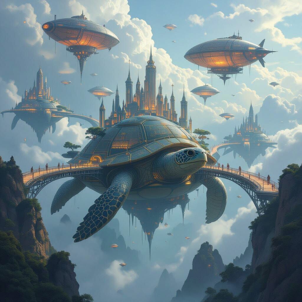 Floating Turtle City with Crystal Bridges and Airships