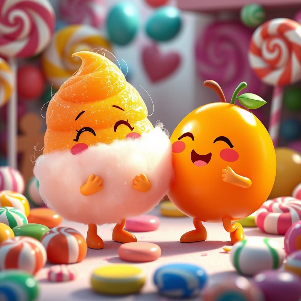 Whimsical Orange Mascots Play in Colorful Candy Wonderland