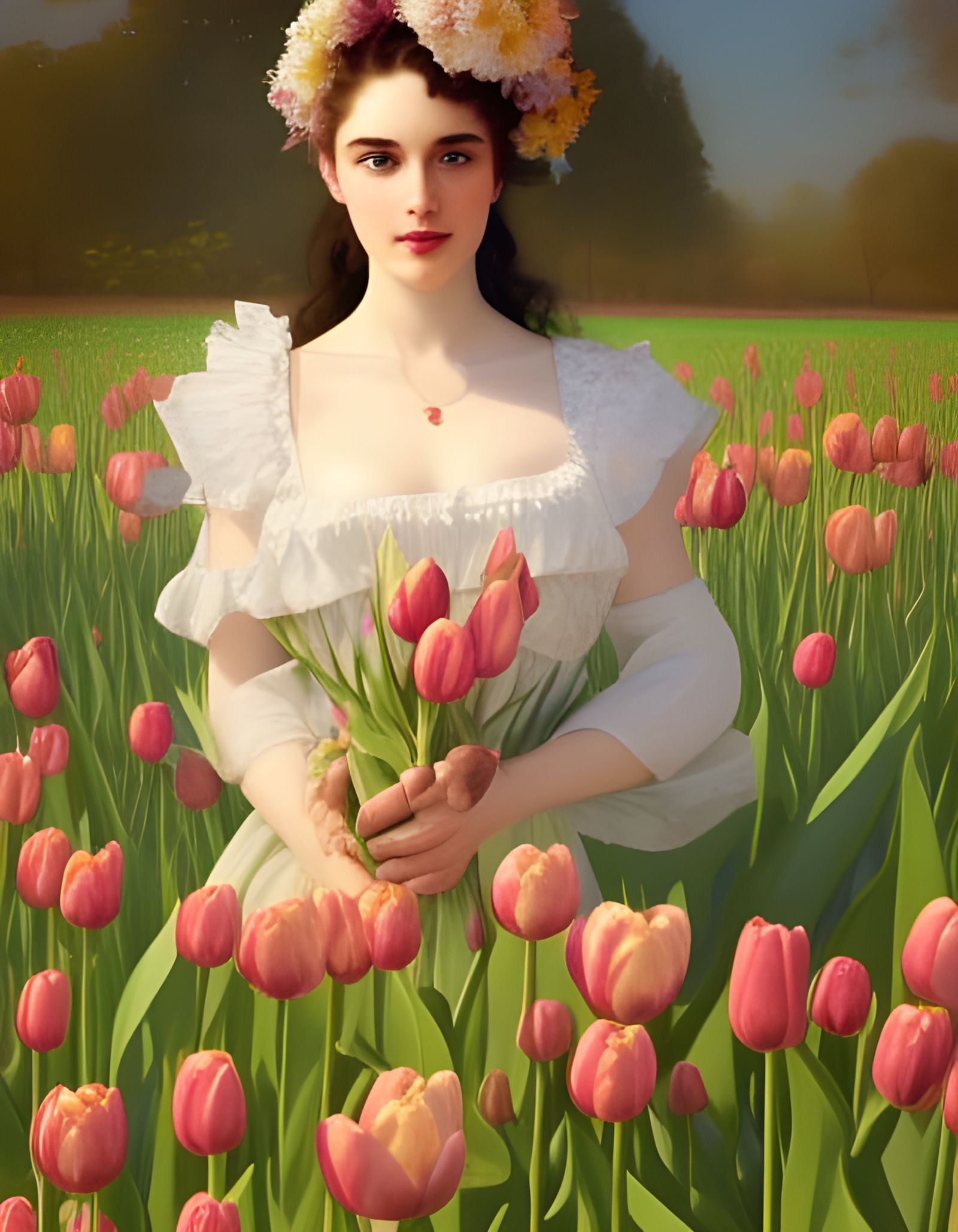 Victorian Lady in Tulip Field: Hyperdetailed Portrait