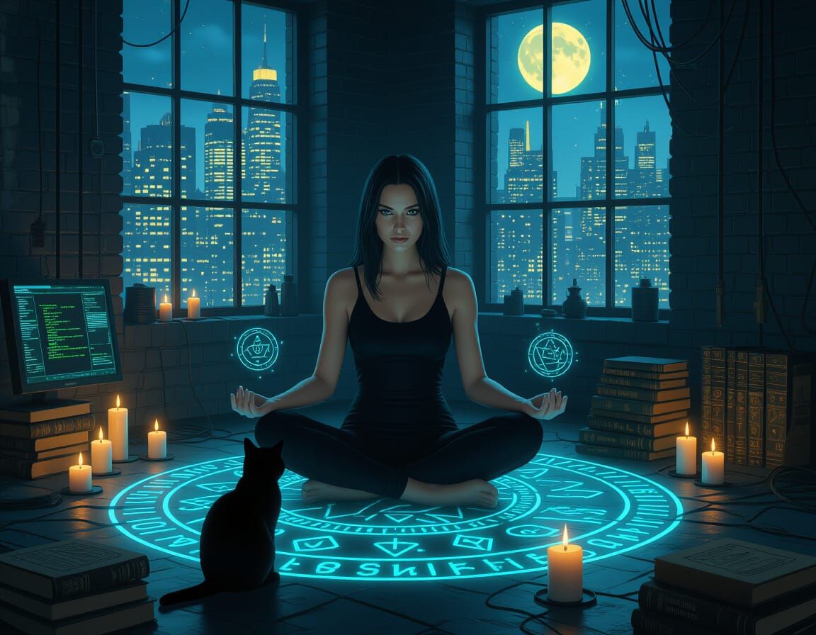 Mystical Sorceress with Cat in Holographic Rune Circle