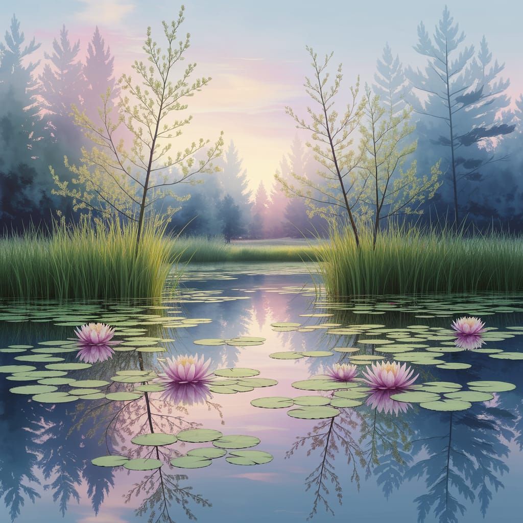 Tranquil Water Lily Pond: Watercolour Masterpiece