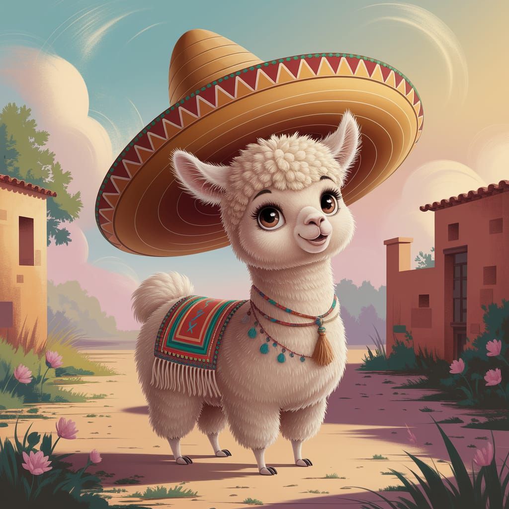 Baby Llama in Sombrero: Whimsical Pastel Painting