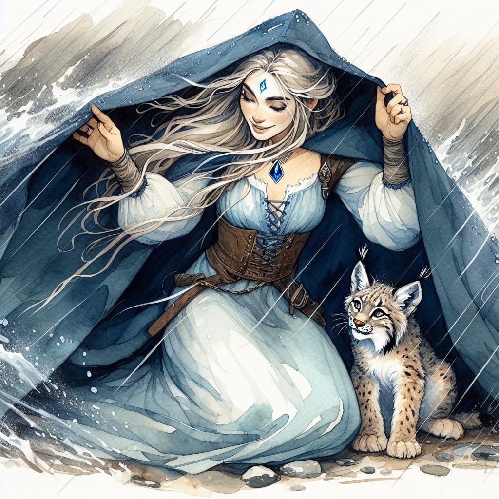 Mystical Goddess Protects Fawn-Like Lynx in Summer Storm