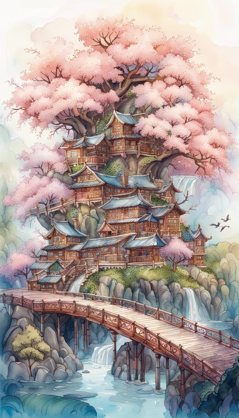 Fairytale Cherry Blossom Kingdom in Watercolor Ink