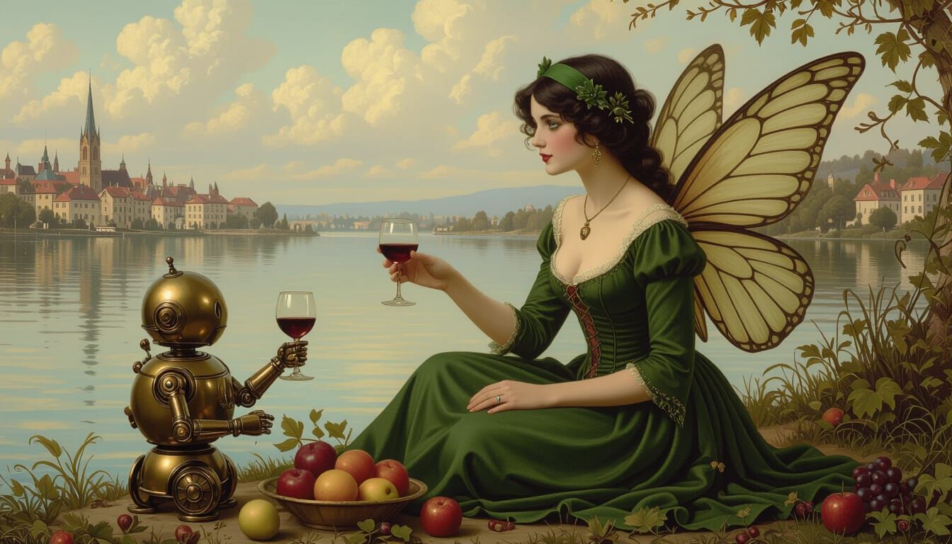 Victorian Fairy Picnic with Robot, Classical Oil Painting