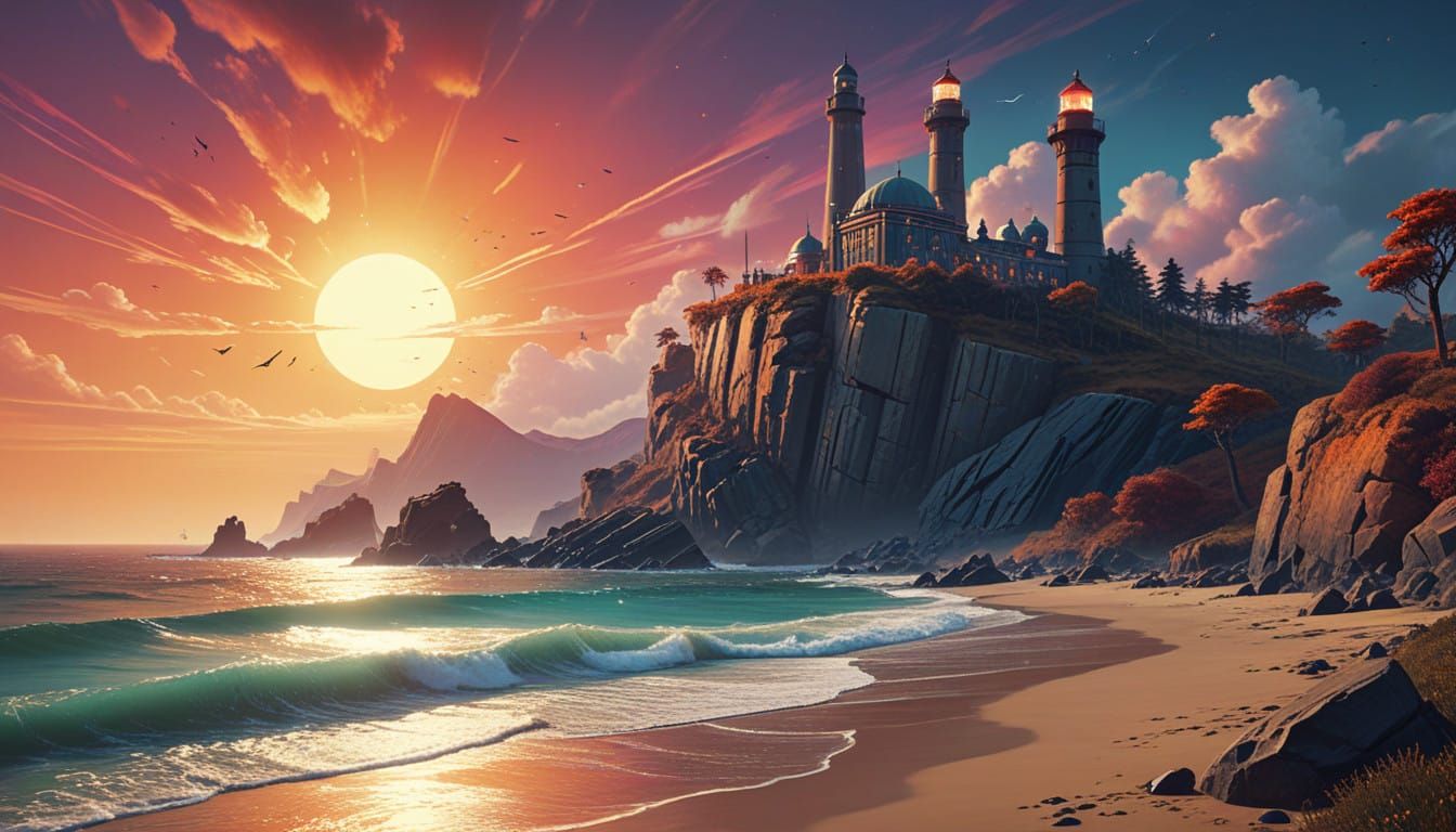 Majestic Mosque at Sunset on a Serene Beachside Cliff