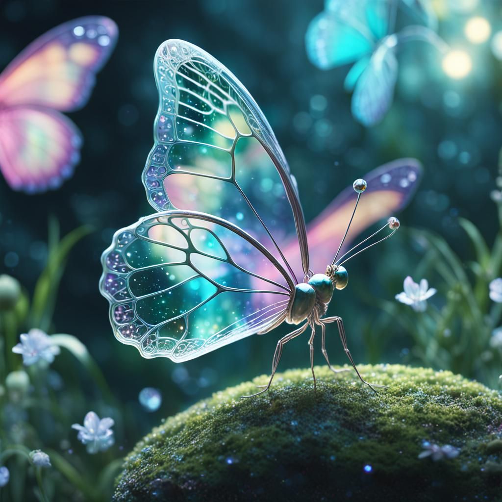 Crystal Butterfly in Enchanted Garden, Hyperrealistic Digita...