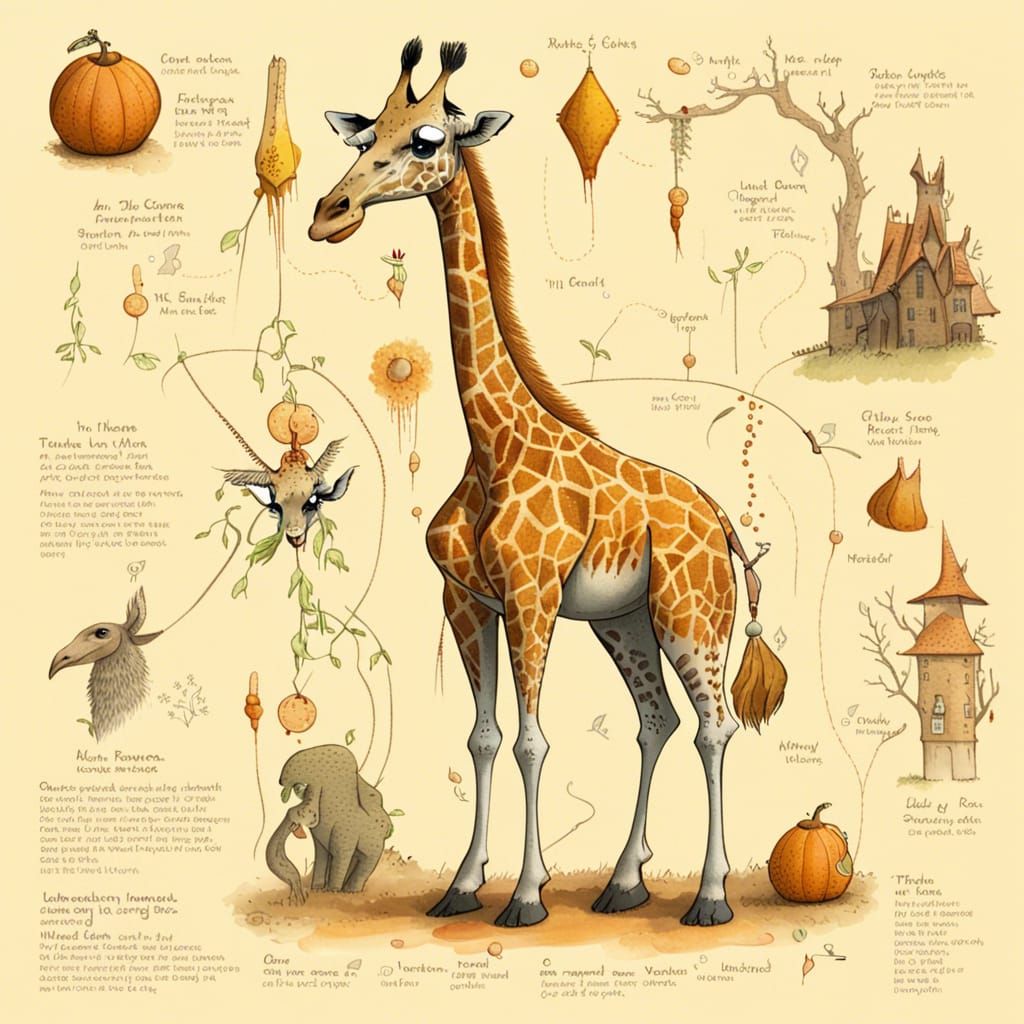 Giraffe Witch's Familiar Illustration with Magic Diagrams