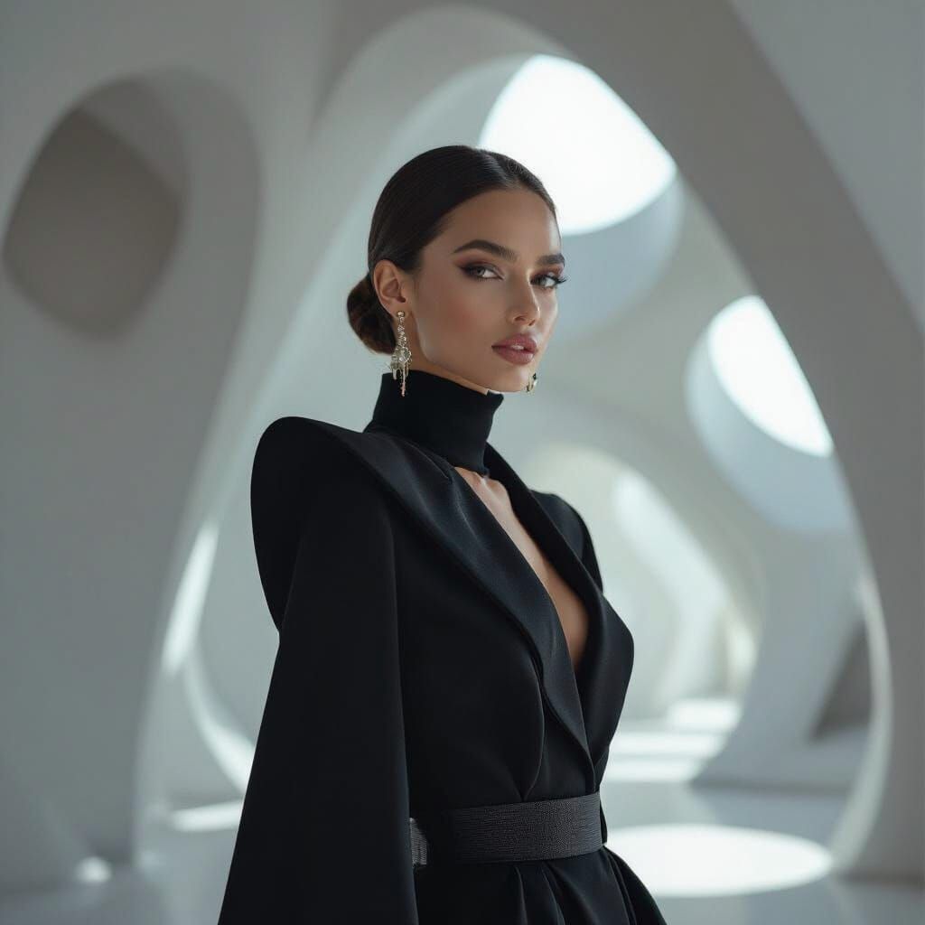 Fashion Model in Zaha Hadid Inspired Avant-Garde Outfit
