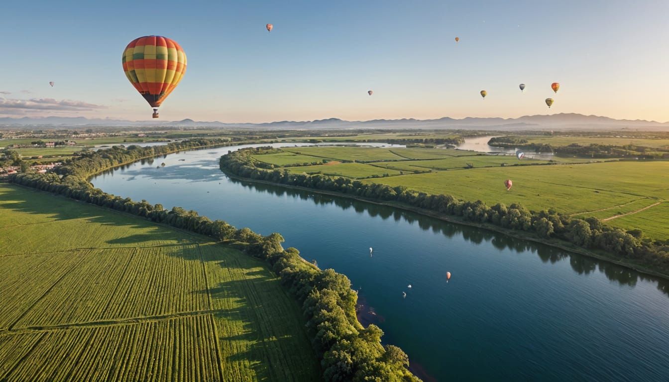 Hot Air Balloon Soars Over Idyllic Landscape in Photorealist...
