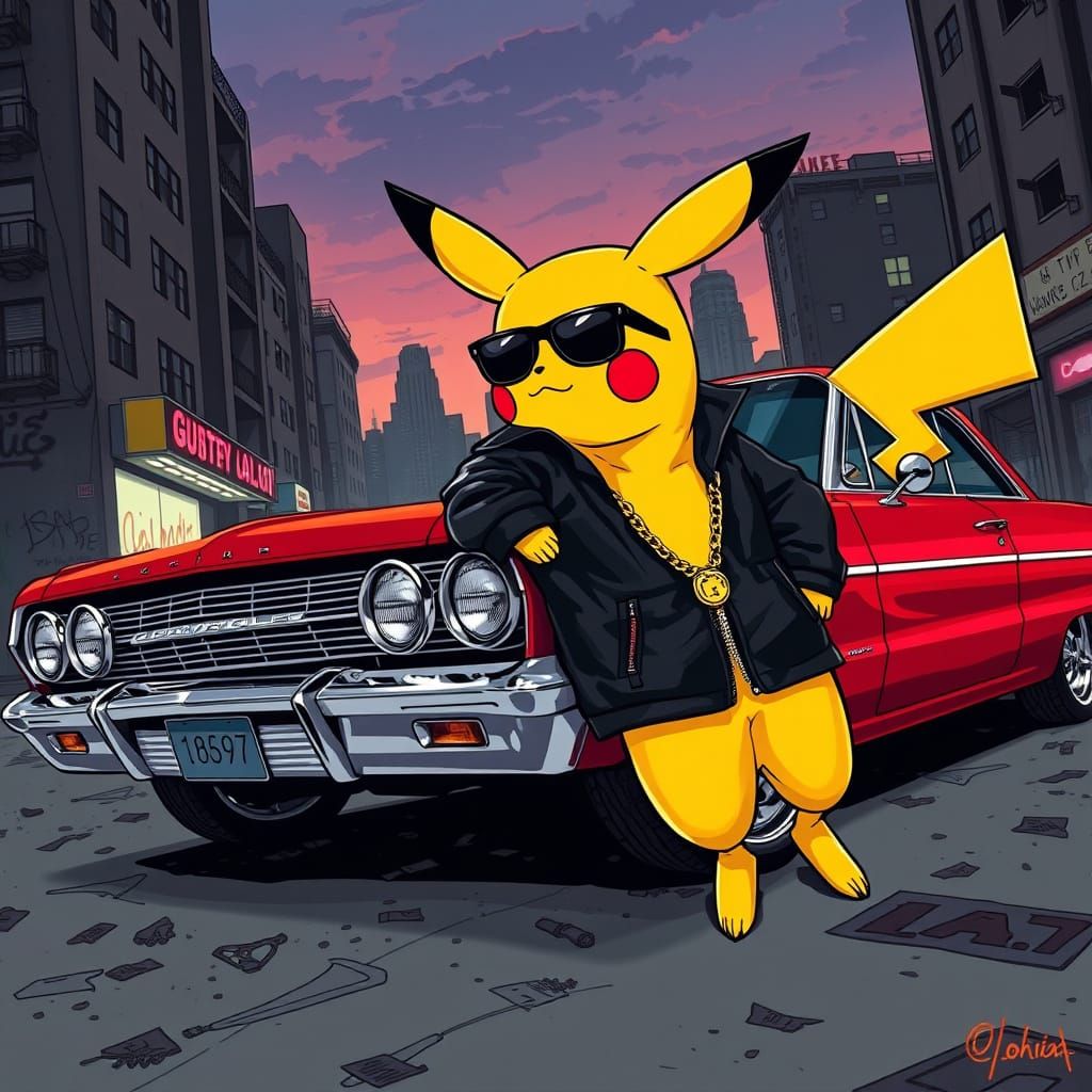 Gangsta Pikachu Cruises in a Retro Muscle Car