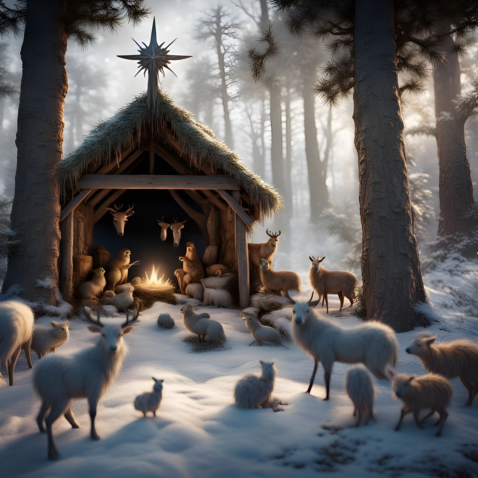 Winter Woodland Nativity Scene in Detailed Matte Painting