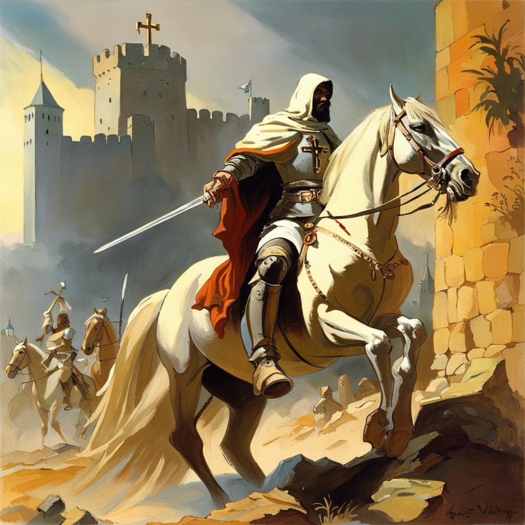 Templar Knight Guarding Pilgrims, in Fantasy Art Style