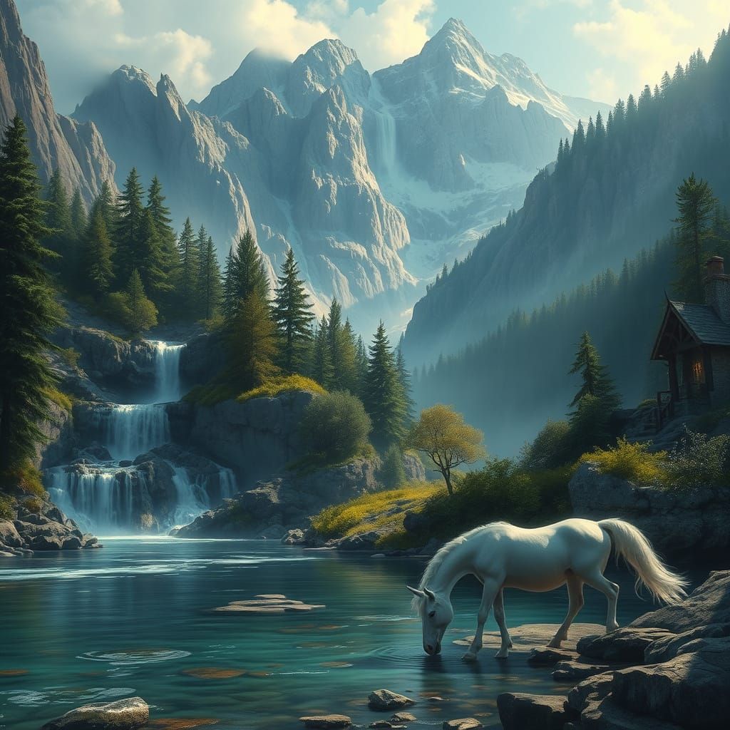 Enchanting Mountain Haven with Majestic Waterfall and Whimsi...