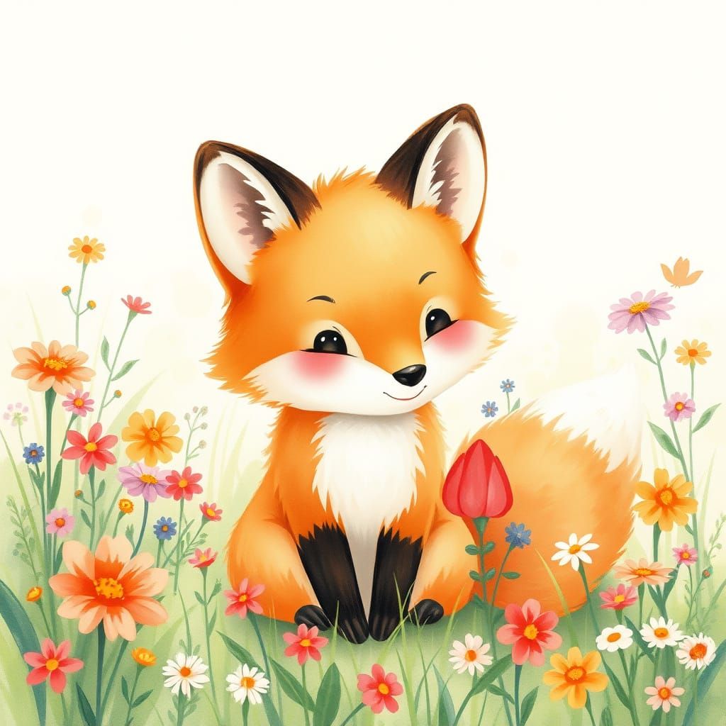 Whimsical Japanese Watercolor Fox in a Sunlit Meadow