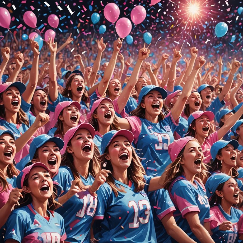 Girls Cheering in Stadium: Surreal Oil Painting
