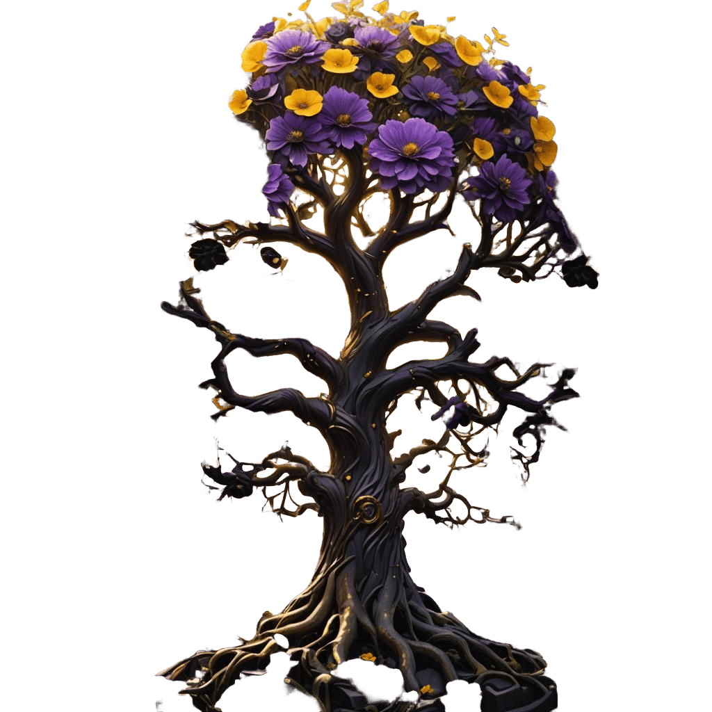 Tree of Life with Black Flowers in Dark Fantasy Style