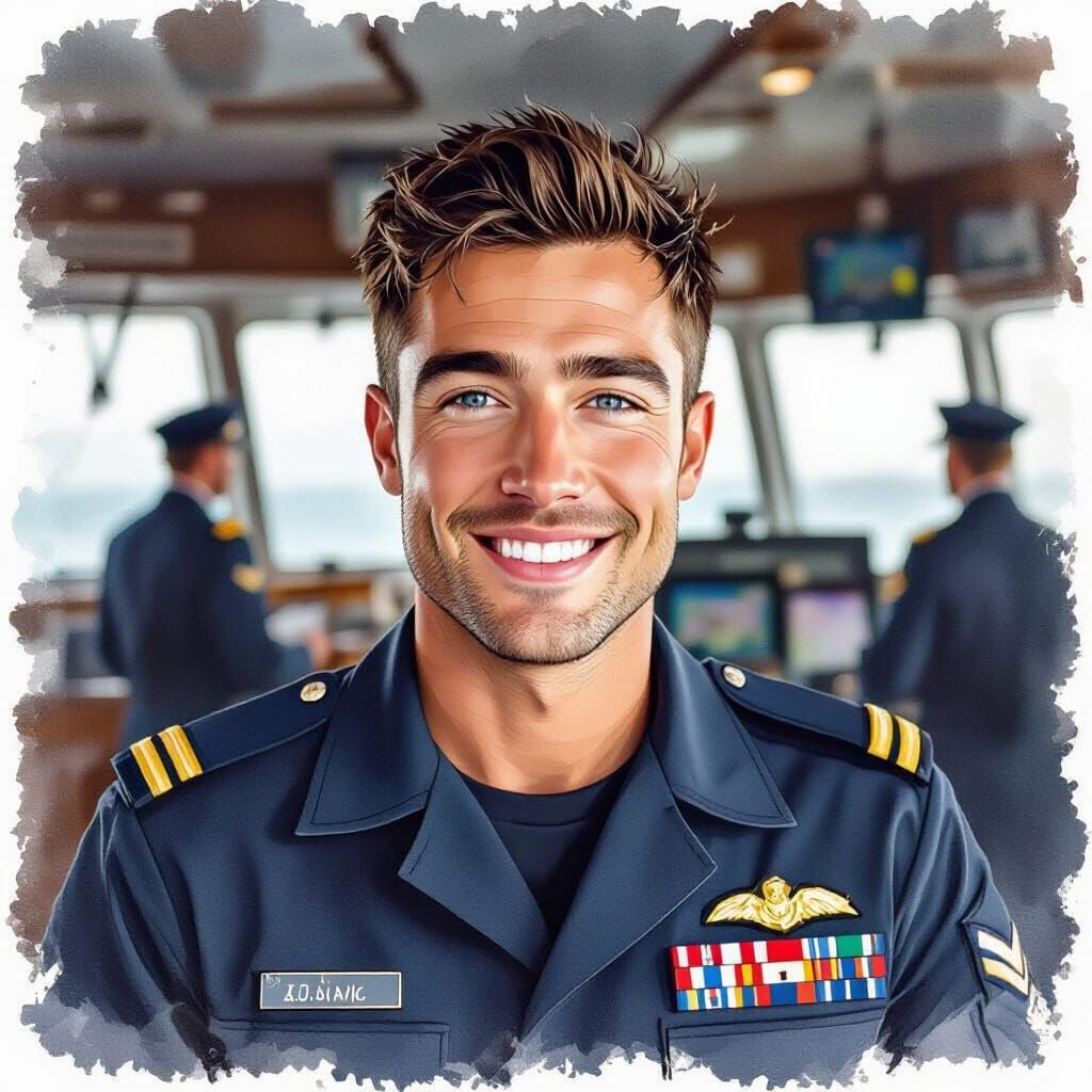 Young Naval Officer Smiles on Ship's Bridge in Watercolour S...