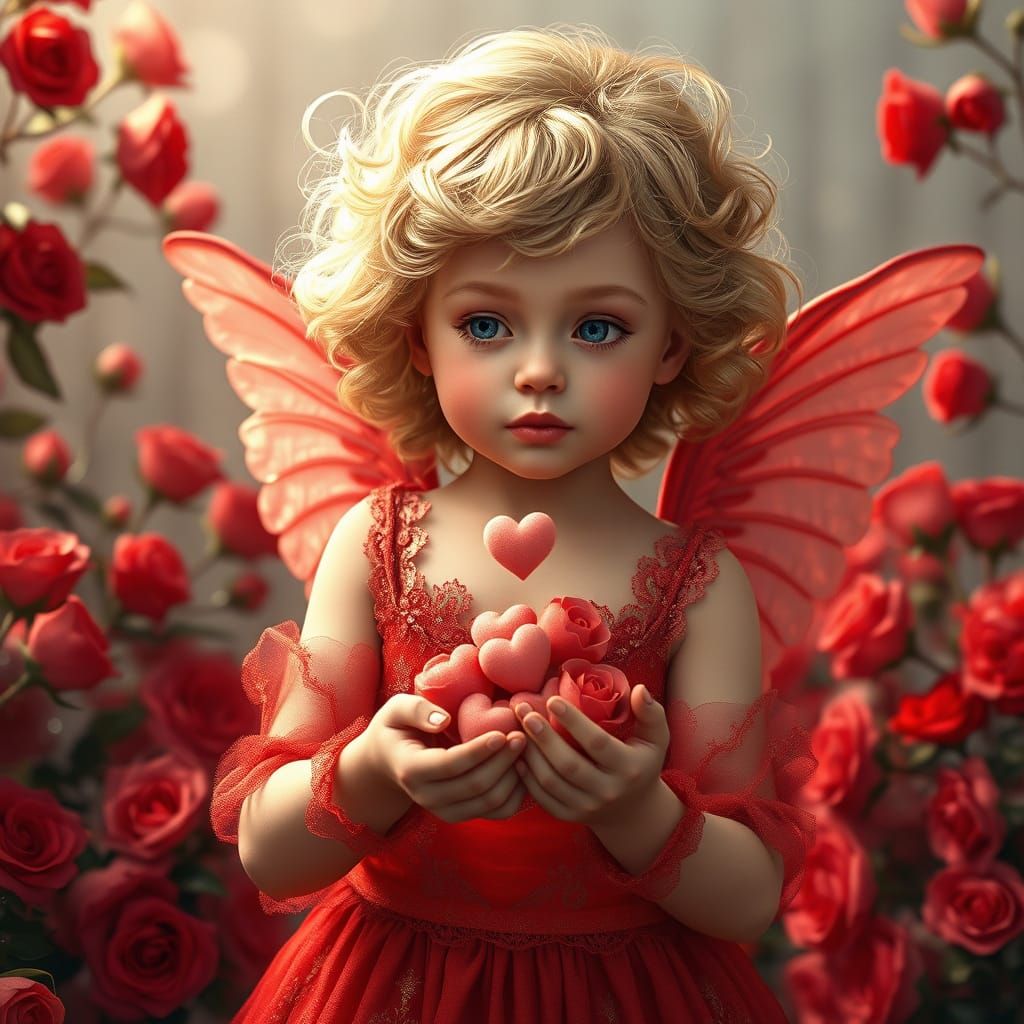 Whimsical Portrait of a Blond Cherub with Red Wings and Rose...
