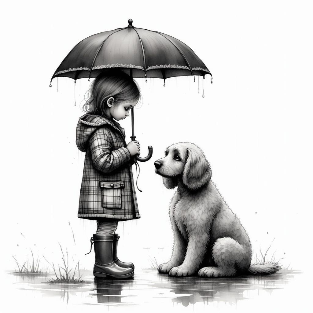 Charming Vintage-Inspired Illustration of Child and Dog Shar...