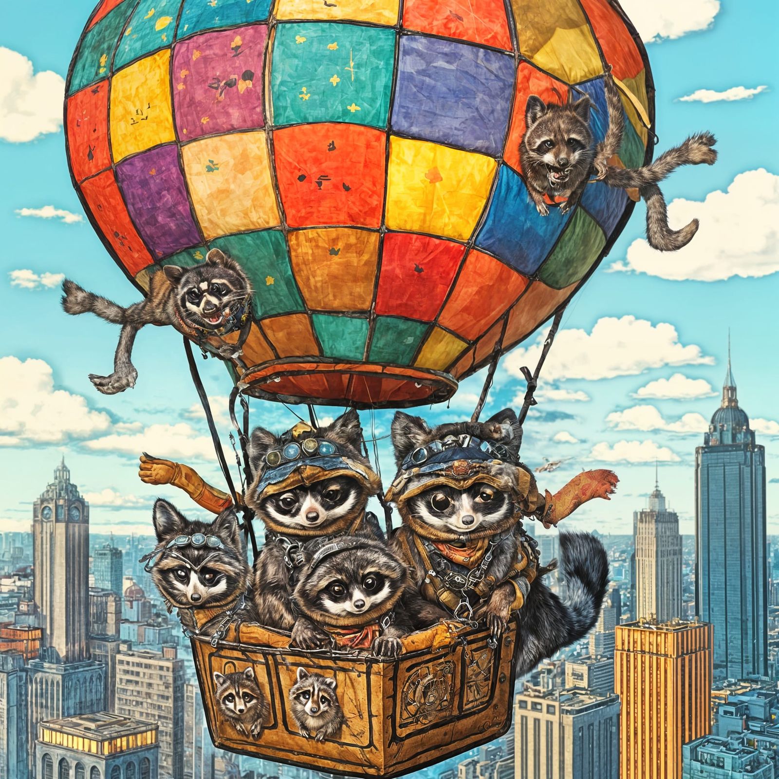 A whimsical scene unfolds as a family of raccoons embarks on a daring adventure, piloting a hot air balloon crafted from...