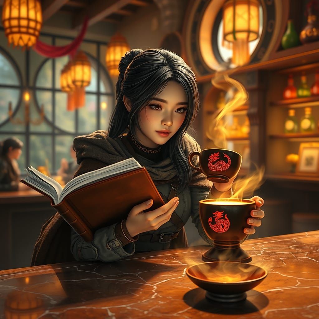 Fantasy Cafe Scene with Woman Reading, Digital Art