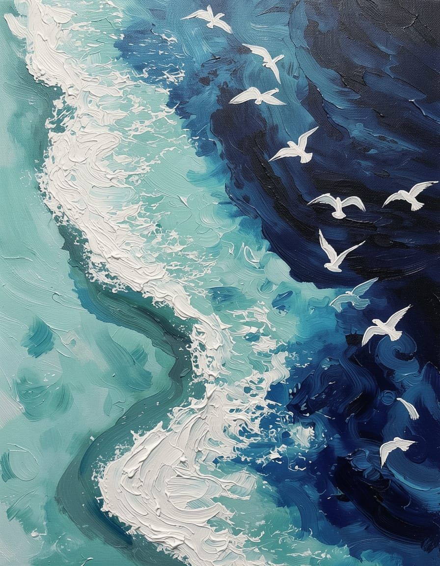 Aerial Ocean Painting with Sweeping Surf in Impasto Oil Styl...