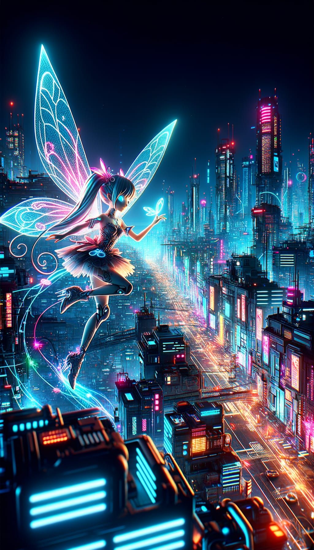 Anime Fairy Soars Over Cyberpunk Metropolis