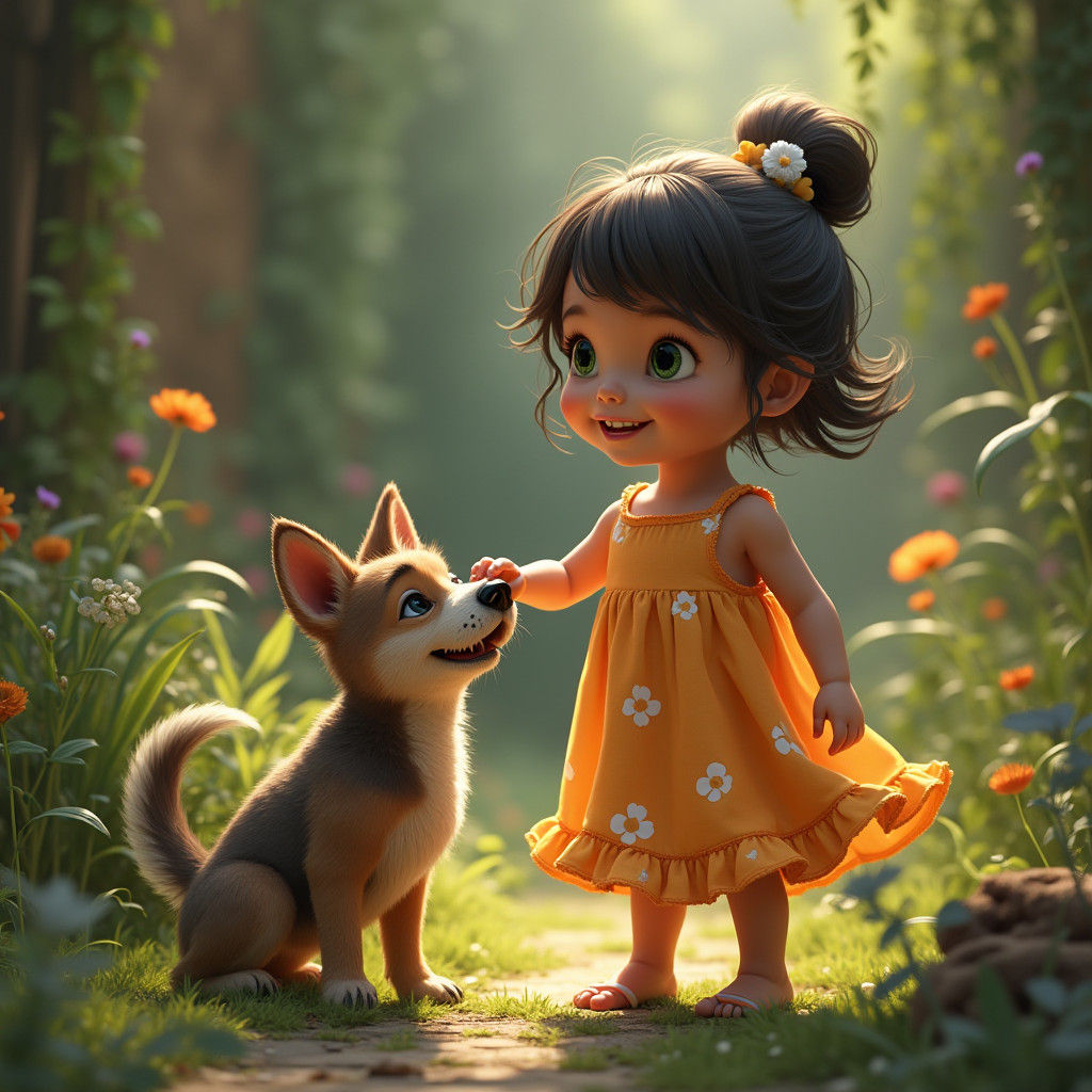 Girl and Dog in Whimsical Garden: Fantasy Concept Art