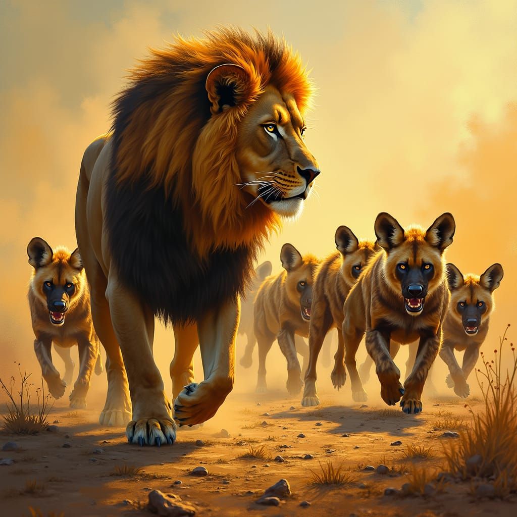 Regal Lion Stands Resolute Amidst Savanna Shadows in Cyberpu...