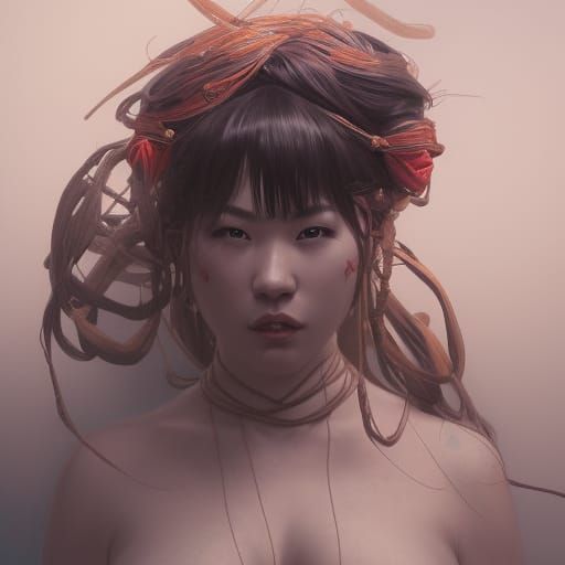 Geisha Portrait in Shibari Rope Bondage, Detailed Digital Ar...