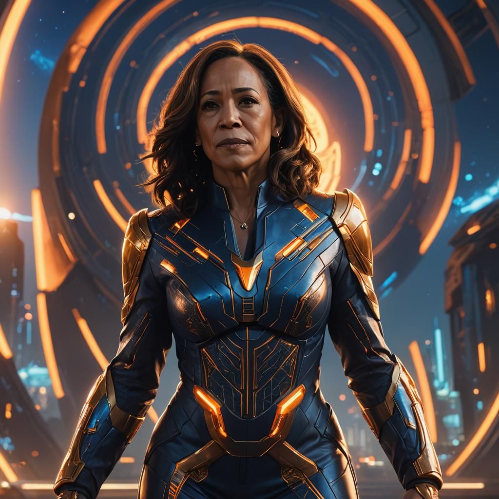 Kamala Harris in a Mystical Futuristic Realm