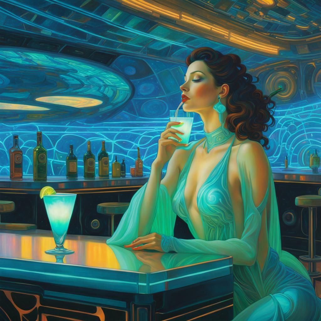 Glowing Goddess in Cosmic Cocktail Bar