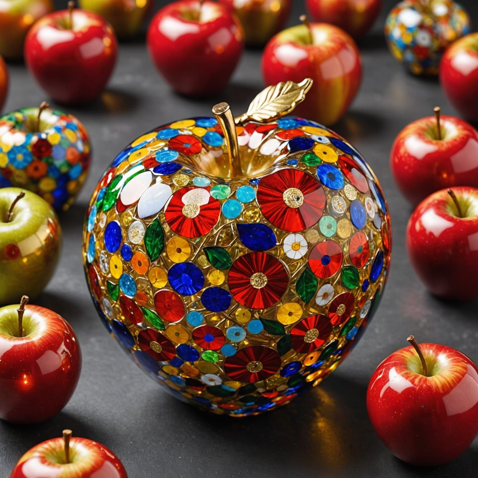 Luxurious Murano Glass Apple in Gold Foil Millefiori Style