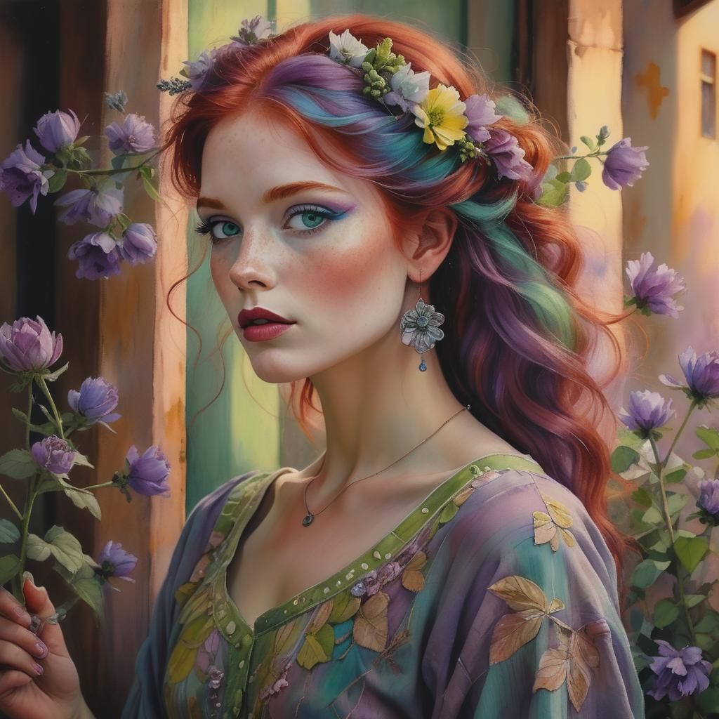 Red-Haired Woman Line Drawing with Watercolor Accents