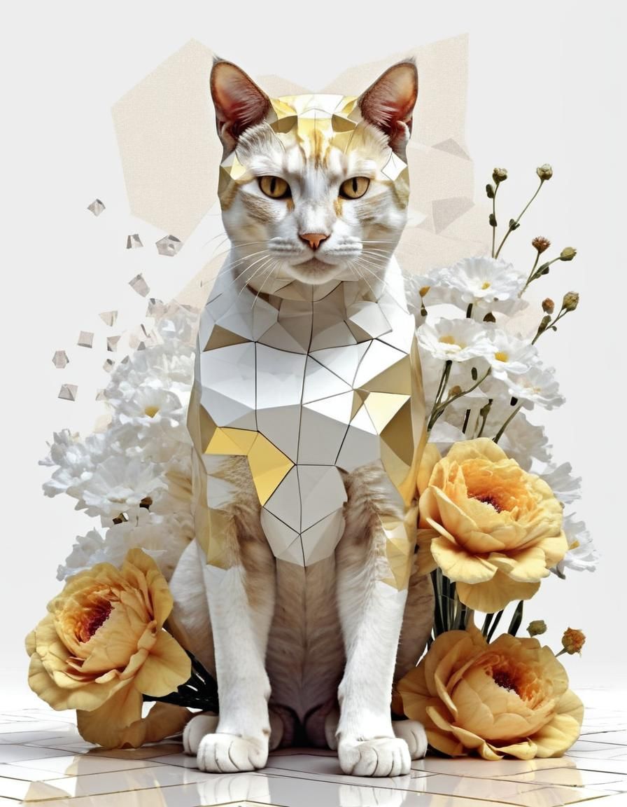 Fragmented Cat with Flowers in Surreal Low Poly