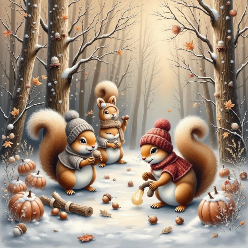 Squirrels Gathering Acorns in Autumn-Winter Woods