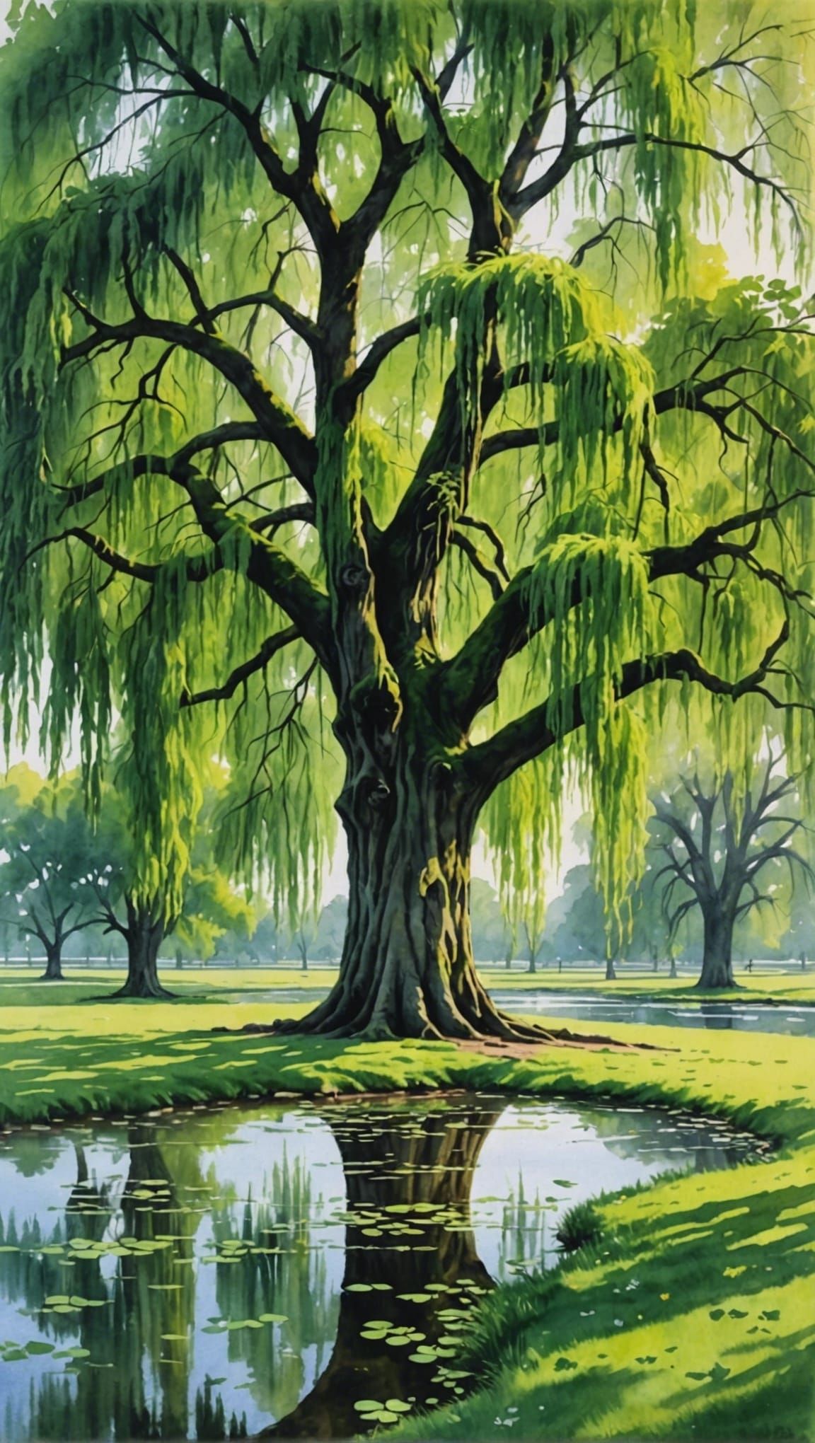 Weeping Willow in Dew-Kissed Park: Watercolor Masterpiece