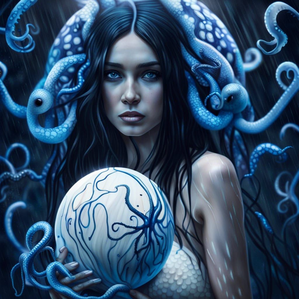 Marbled Woman with Octopus Sphere in the Rain