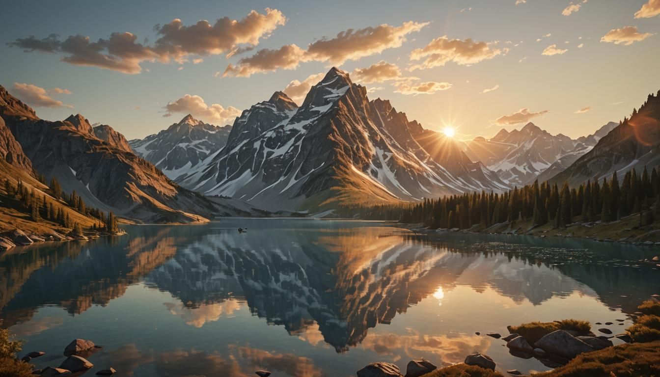Mountain Lake Sunset in Hyperrealistic 3D Rendering