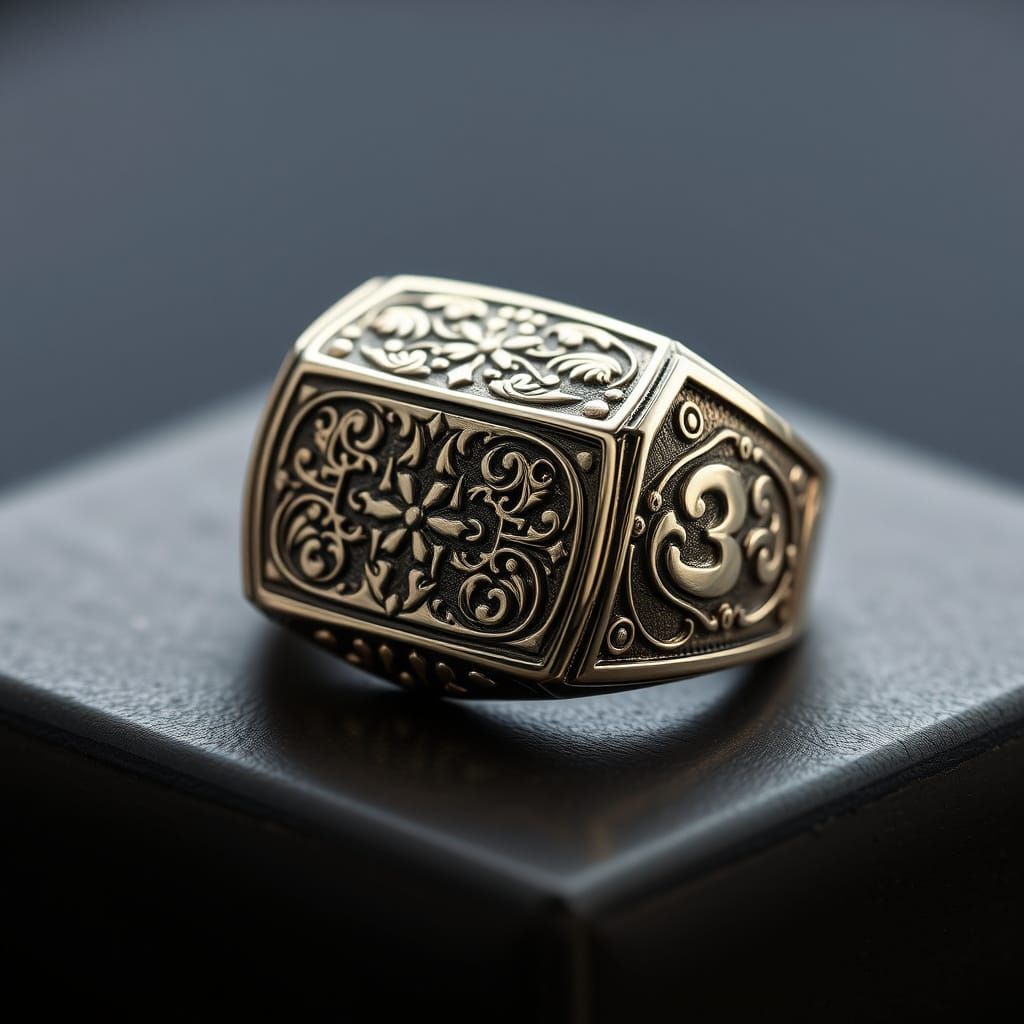 Luxurious Engraved Signet Ring on Dark Background