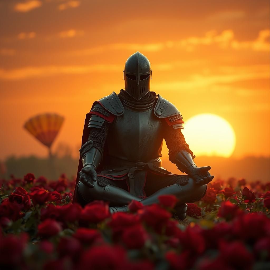 Knight in Black Armor Meditating at Sunset