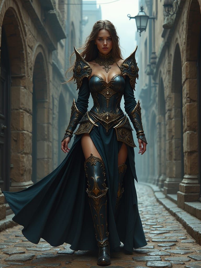 Medieval Fantasy Sorceress Walks Cobblestone Alley