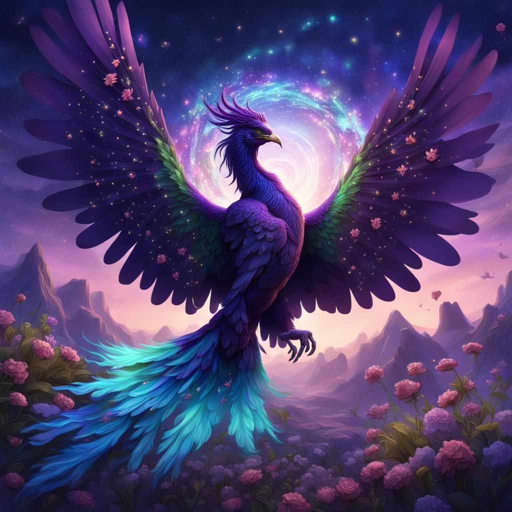 Colorful Phoenix Flight in Starry Night Sky