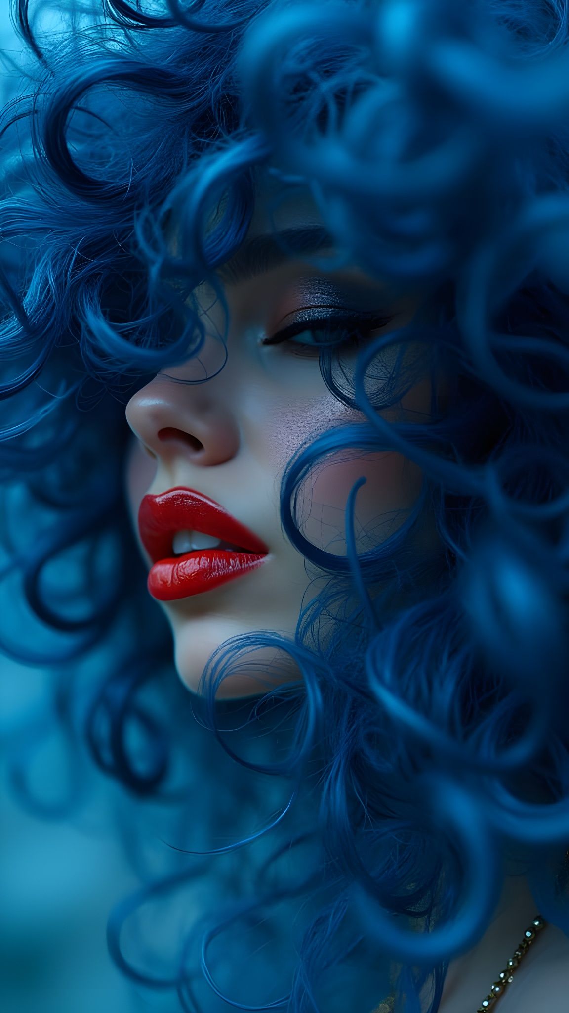 Woman with Electric Sapphire Curls in Cinematic Lighting