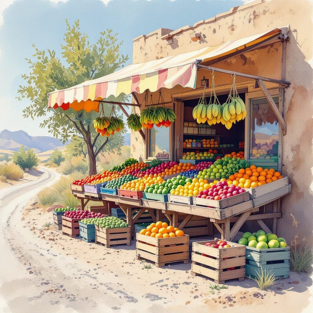 Desert Fruit Stand in Watercolor Style