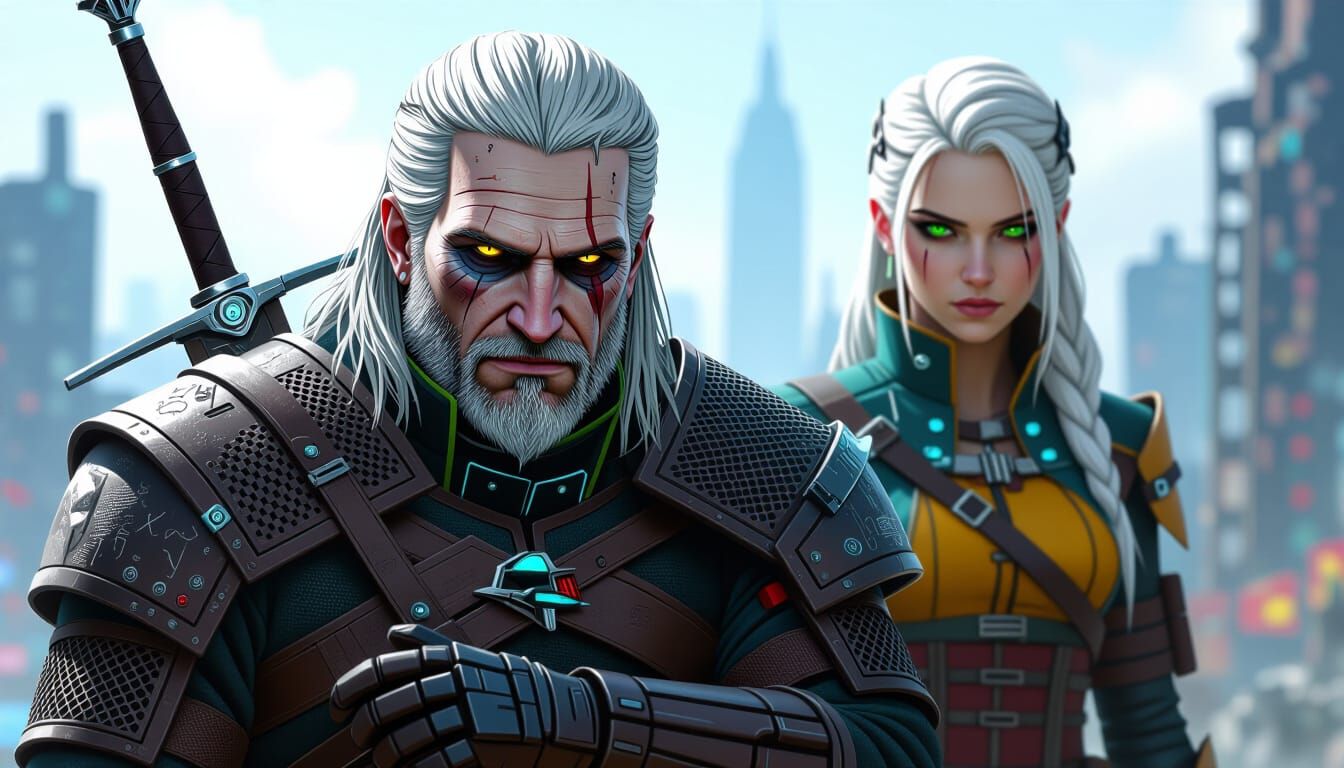Cyberpunk Geralt and Ciri in a Broken Megacity