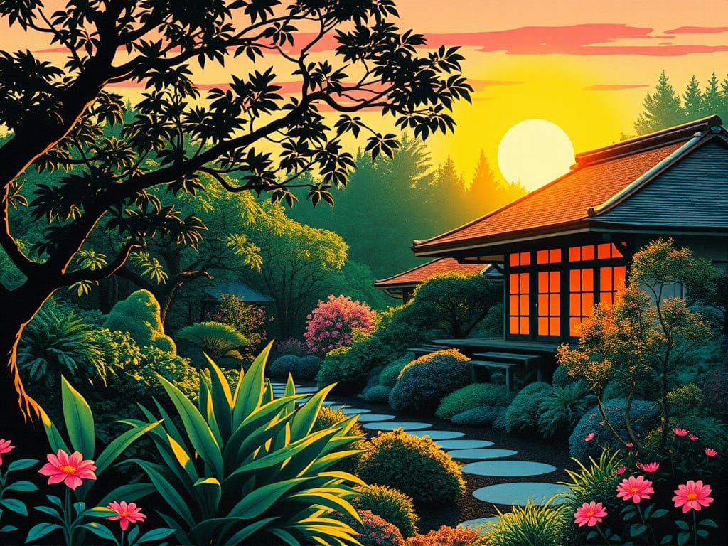 Serene Japanese Garden at Dusk in Geometric Style