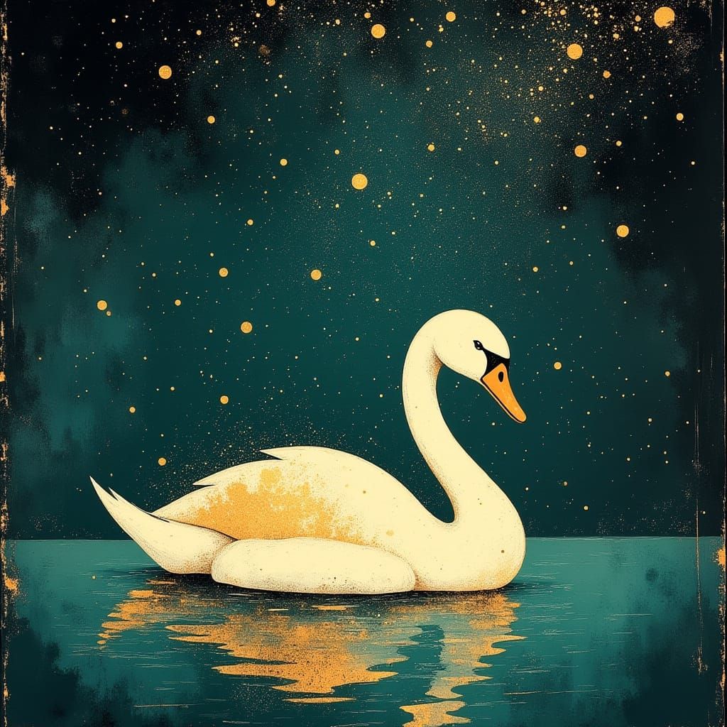 Golden Swan Glides Across Turquoise Lake Under Starry Night ...