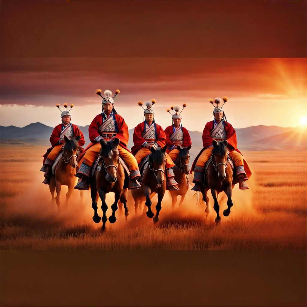 Mongolian Horsemen Ride Across the Grasslands